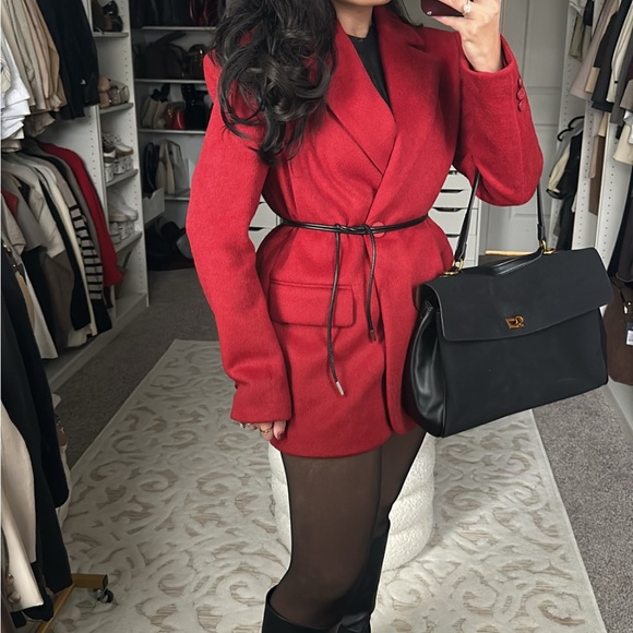 Red wool blend oversized drawstring tie belt blazer jacket - Picture 4 of 9